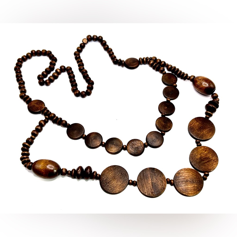 Chunky Long Boho Double Strand Brown Disk Wooden Beaded Statement Necklace EUC